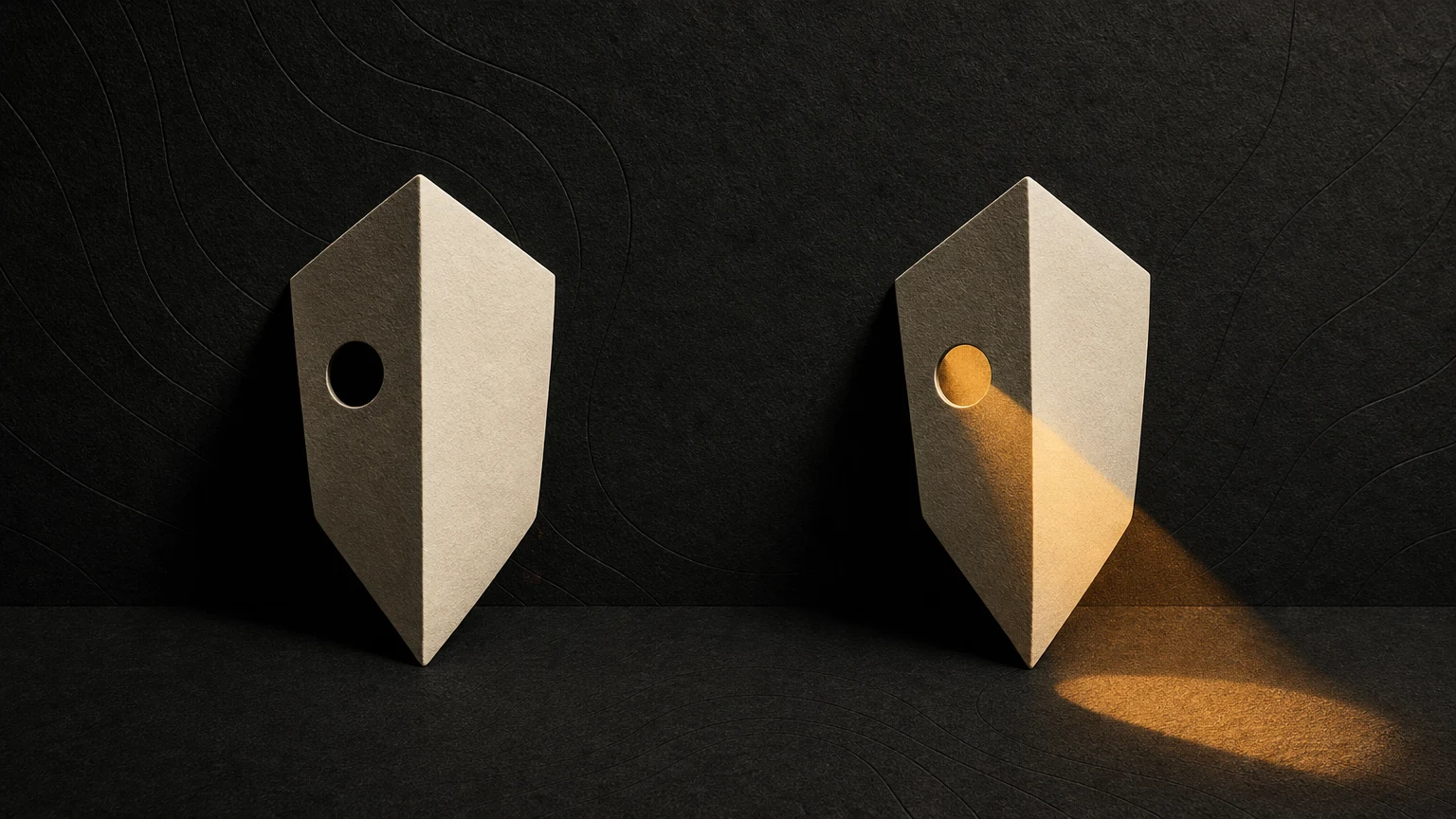 Two folded ivory forms have circular openings; amber light passes through one.