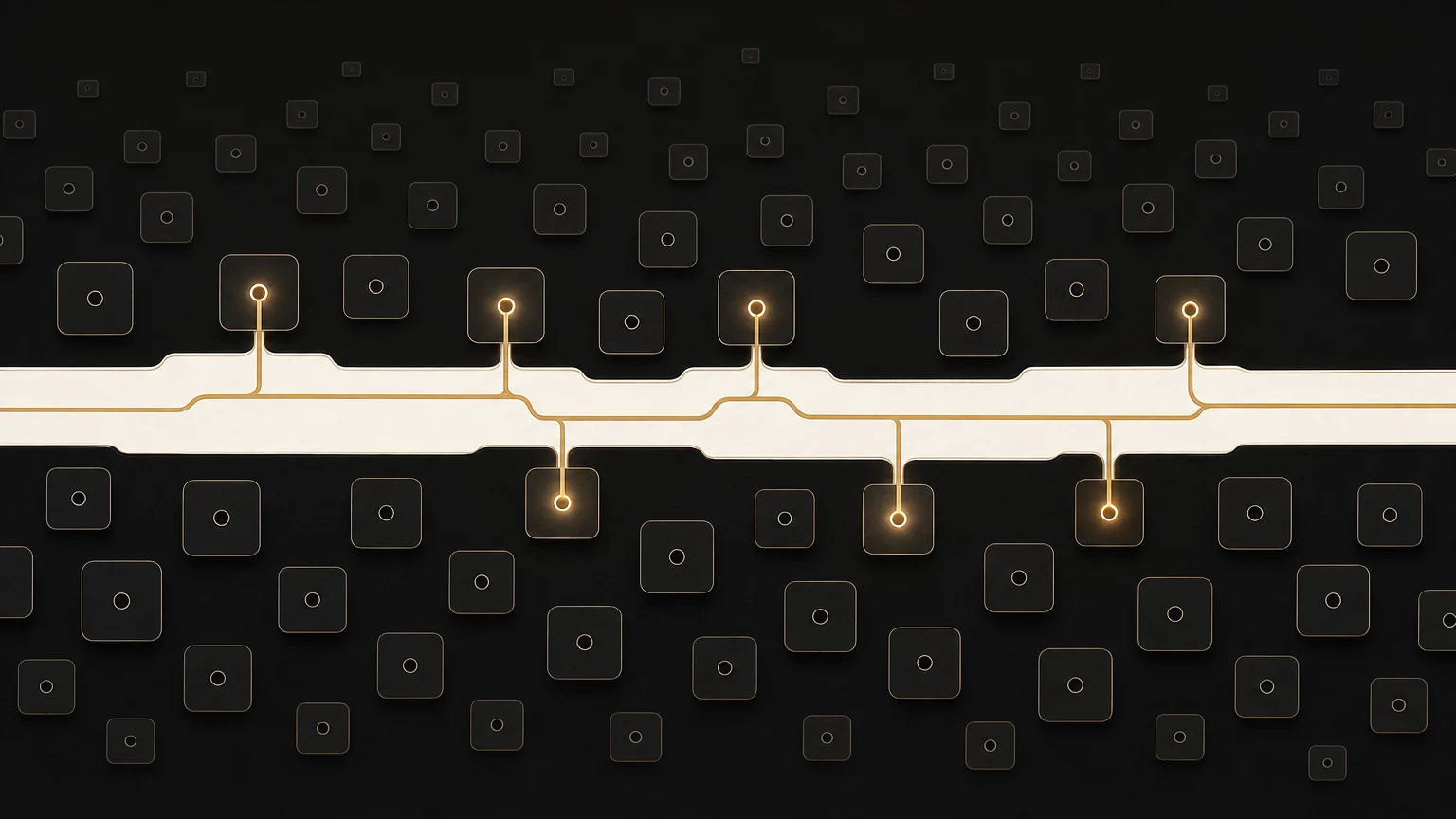 A dark field of faint site tiles each bearing a socket mark, crossed by one ivory channel whose gold thread lights a subset of sockets